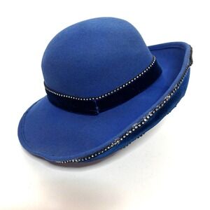 VTG‎ Jack McConnell Hat Boutique Blue Wool Felt Rhinestone Trim Wide Brim Derby